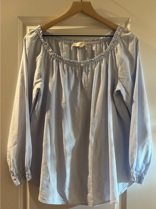LOFT Tops - LOFT Light Blue Striped Off-Shoulder Blouse Womens M coastal top peasant cottage